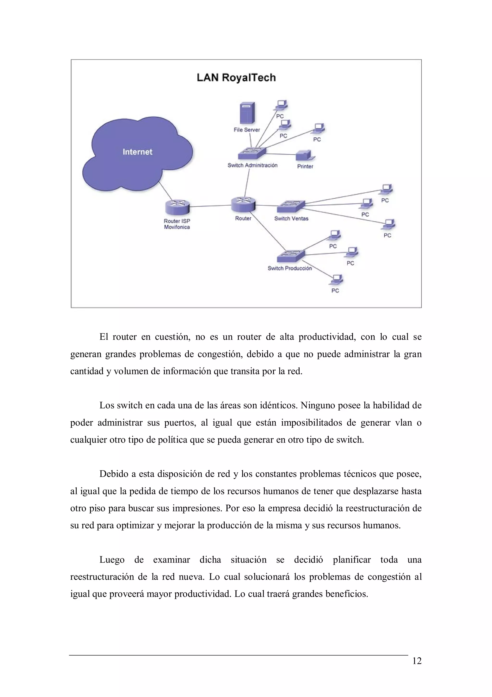 El router en cuestión, no es un router de alta productividad, con lo cual se
generan grandes problemas de congestión, debido a que no puede administrar la gran
cantidad y volumen de información que transita por la red.


       Los switch en cada una de las áreas son idénticos. Ninguno posee la habilidad de
poder administrar sus puertos, al igual que están imposibilitados de generar vlan o
cualquier otro tipo de política que se pueda generar en otro tipo de switch.


       Debido a esta disposición de red y los constantes problemas técnicos que posee,
al igual que la pedida de tiempo de los recursos humanos de tener que desplazarse hasta
otro piso para buscar sus impresiones. Por eso la empresa decidió la reestructuración de
su red para optimizar y mejorar la producción de la misma y sus recursos humanos.


       Luego de examinar dicha situación se decidió                planificar toda una
reestructuración de la red nueva. Lo cual solucionará los problemas de congestión al
igual que proveerá mayor productividad. Lo cual traerá grandes beneficios.




                                                                                     12
 