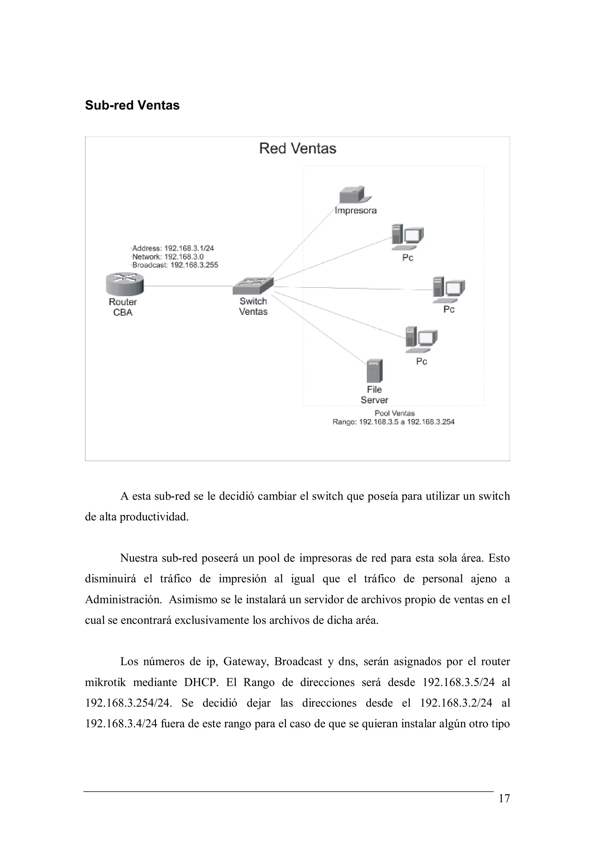 Sub-red Ventas




       A esta sub-red se le decidió cambiar el switch que poseía para utilizar un switch
de alta productividad.


       Nuestra sub-red poseerá un pool de impresoras de red para esta sola área. Esto
disminuirá el tráfico de impresión al igual que el tráfico de personal ajeno a
Administración. Asimismo se le instalará un servidor de archivos propio de ventas en el
cual se encontrará exclusivamente los archivos de dicha aréa.


       Los números de ip, Gateway, Broadcast y dns, serán asignados por el router
mikrotik mediante DHCP. El Rango de direcciones será desde 192.168.3.5/24 al
192.168.3.254/24. Se decidió dejar las direcciones desde el 192.168.3.2/24 al
192.168.3.4/24 fuera de este rango para el caso de que se quieran instalar algún otro tipo




                                                                                       17
 