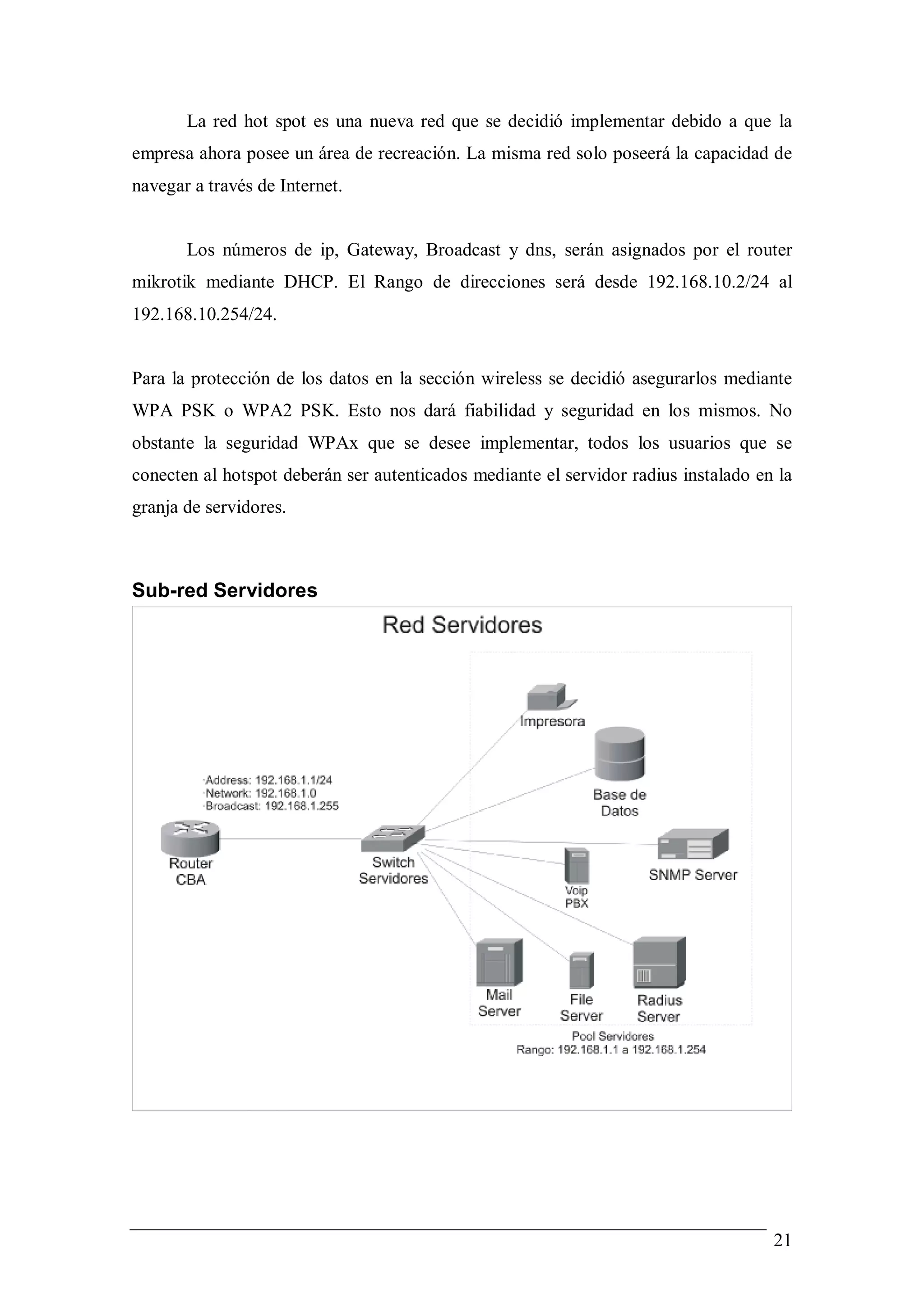 La red hot spot es una nueva red que se decidió implementar debido a que la
empresa ahora posee un área de recreación. La misma red solo poseerá la capacidad de
navegar a través de Internet.


       Los números de ip, Gateway, Broadcast y dns, serán asignados por el router
mikrotik mediante DHCP. El Rango de direcciones será desde 192.168.10.2/24 al
192.168.10.254/24.


Para la protección de los datos en la sección wireless se decidió asegurarlos mediante
WPA PSK o WPA2 PSK. Esto nos dará fiabilidad y seguridad en los mismos. No
obstante la seguridad WPAx que se desee implementar, todos los usuarios que se
conecten al hotspot deberán ser autenticados mediante el servidor radius instalado en la
granja de servidores.



Sub-red Servidores




                                                                                     21
 
