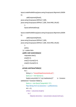 layout.createParallelGroup(javax.swing.GroupLayout.Alignment.LEADIN
G)
.addComponent(jPanel2,
javax.swing.GroupLayout.DEFAULT_SIZE,
javax.swing.GroupLayout.DEFAULT_SIZE, Short.MAX_VALUE)
);
layout.setVerticalGroup(
layout.createParallelGroup(javax.swing.GroupLayout.Alignment.LEADIN
G)
.addComponent(jPanel2,
javax.swing.GroupLayout.DEFAULT_SIZE,
javax.swing.GroupLayout.DEFAULT_SIZE, Short.MAX_VALUE)
);
pack();
}// </editor-fold>
public void vaciarListas(){
respuestas.clear();
area[0]=0;
area[1]=0;area[3]=0;
area[2]=0;area[4]=0;
}
private void llenarTabla(){
try {
String c1 = "consult('baseConocimiento.pl')";
Query q1 = new Query(c1);
System.out.println("c1"+(q1.hasSolution()?" n Conexion
satisfactoria":"Conexion Fallida"));
Query q = new Query("pregunta(X, Y)");
Map<String,Term>[] soluciones = q.allSolutions();
int i = 0;
while(i < soluciones.length){
try {
Object[] elementos = soluciones[i].values().toArray();
 