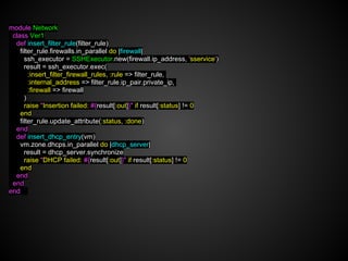 module Network
 class Ver1
  def insert_filter_rule(filter_rule)
    filter_rule.firewalls.in_parallel do |firewall|
      ssh_executor = SSHExecutor.new(firewall.ip_address, 'sservice')
      result = ssh_executor.exec(
        :insert_filter_firewall_rules, :rule => filter_rule,
        :internal_address => filter_rule.ip_pair.private_ip,
        :firewall => firewall
      )
      raise "Insertion failed: #{result[:out]}" if result[:status] != 0
    end
    filter_rule.update_attribute(:status, :done)
  end
  def insert_dhcp_entry(vm)
    vm.zone.dhcps.in_parallel do |dhcp_server|
      result = dhcp_server.synchronize
      raise "DHCP failed: #{result[:out]}" if result[:status] != 0
    end
  end
 end
end
 