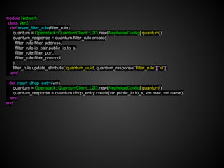 module Network
 class Ver2
  def insert_filter_rule(filter_rule)
    quantum = Openstack::QuantumClient::L2l3.new(NephelaeConfig[:quantum])
    quantum_response = quantum.filter_rule.create(
      filter_rule.filter_address,
      filter_rule.ip_pair.public_ip.to_s,
      filter_rule.filter_port,
      filter_rule.filter_protocol
    )
    filter_rule.update_attribute(:quantum_uuid, quantum_response["filter_rule"]["id"])
  end

 def insert_dhcp_entry(vm)
   quantum = Openstack::QuantumClient::L2l3.new(NephelaeConfig[:quantum])
   quantum_response = quantum.dhcp_entry.create(vm.public_ip.to_s, vm.mac, vm.name)
  end
end
 