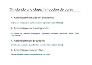 Simulando una clase: instrucción de pares
A)Aprendizaje basado en problemas
Se propone una solución a una necesidad o problema (real o ficticio)
A)Aprendizaje por investigación
Se realiza un proceso investigativo (problema, hipótesis, recolectar datos, sacan
conclusiones)
A)Aprendizaje por proyectos
Se elabora un producto que atiende a una situación real (actualidad)
A)Aprendizaje colaborativo
Tiene la finalidad de lograr un aprendizaje en común
 