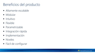 Beneficios del producto
 Altamente escalable
 Módular
 Intuitivo
 Flexible
 Parametrizable
 Integración rápida
 Implementación
 Niveles
 Fácil de configurar
 