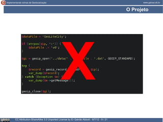 O Projeto




                                         X
CC Attribution-ShareAlike 3.0 Unported License by Er Galvão Abbott - 8/7/12 - 9 / 21
 