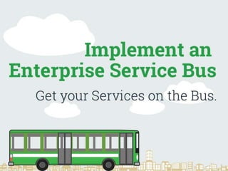 Implement an Enterprise Service Bus
Get your Services on the Bus.
If you are a CIO, Enterprise Architect, Solution Architect, or IT Manager forced with the challenge of integrating application services, this research is for you!
Enterprise Service Bus (ESB) technology is often seen as the solution to integration problems. Unfortunately, if ESB technology is not implemented properly and used
for the wrong reasons, it becomes a liability.
An ESB is a platform on which solutions are built and delivered. Solutions can constrain the effectiveness and efficiencies of the underlying ESB technology.
ESB solutions that are implemented as part of larger initiatives are usualy more successful, but if enterprise capacity and scalability are not taken into consideration, it
can fail outside of the original scope. In addition, if the solution was not architected with flexibility in mind, it will fail when IT and business requirements change.
Beyond implementation, ESBs are complex solutions that require careful consideration of maintenance and management. Given that an ESB can be at the center of a
service oriented architecture, if it isn’t available, neither are your application services.
Organizations that adopt a service oriented architecture, without implementing an ESB, end up with SOS: service oriented spaghetti! Plan for your ESB implementation
by ensuring the appropriate people, processes, technology, and data are in place or risk failure.
ESB implementations are rarely done independent of other initiatives. Find a project that requires a lot of integration, and leverage it to demonstrate the value of an
ESB.
Identification and use of common integration patterns will accelerate design, development, testing, and deployment times.
Record architecture decisions at design time, to avoid revisiting the same problems during implementation.
Where possible, put ESB configuration and message persistent data stores on storage area networks (SANs) or servers separate from the ESB processor.
Designing for capacity of the services that use the ESB is just as important as the ESB itself. A solution is only as good as its weakest point.
Avoid using generic credentials for service access to/from the ESB. Compromise of the generic credentials opens up services and/or the ESB to malicious activity that
cannot be traced back to the individual.
Canonical models are one of the hardest things to do in an ESB implementation, but they also provide the most benefit to the enterprise. Without canonical models,
you’re just creating more point-to-point interactions inside the ESB.
ESBs are built for stateless mediation of services and events. Extending their functionality to include stateful management can complicate the solution and threaten
overall success of the project.
Governance and control of change management is critical in an integrated environment. One uncontrolled change can cause a domino effect of failures across the
environment.
 