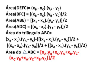 Área(DEFC)= (xB - xC).(yA- yC)Área(BFC) = [(xB - xC).(yB- yC)]/2Área(ABE) = [(xB - xA).(yA- yB)]/2Área(ADC) = [(xA- xC).(yA- yC)]/2Área do triângulo ABC= (xB - xC).(yA- yC)-{[(xB - xC).(yB- yC)]/2 + [(xB - xA).(yA- yB)]/2 + [(xA- xC).(yA- yC)]/2}Área do      ABC = [xA.yB+xC.yA+xB.yC-(xC.yB+xA.yC+xB.yA)]/2