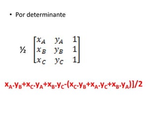 Por determinante½xA.yB+xC.yA+xB.yC-(xC.yB+xA.yC+xB.yA)]/2