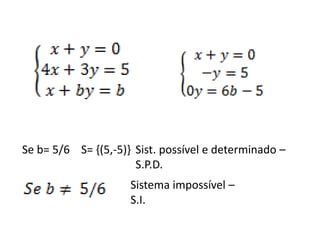 Se b= 5/6    S= {(5,-5)}     Sist. possível e determinado – S.P.D.Sistema impossível – S.I.