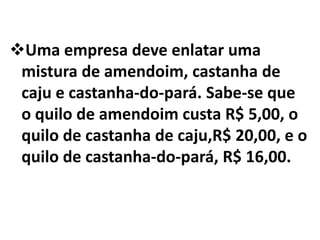 Escreva o sistema linear que representa a situação descrita acima.Resolva o referido sistema, determinando as quantidades em gramas, de cada ingrediente por lata.