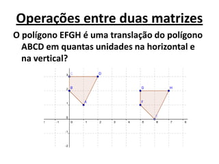 Operações entre duas matrizesO polígono EFGH é uma translação do polígono ABCD em quantas unidades na horizontal e na vertical?