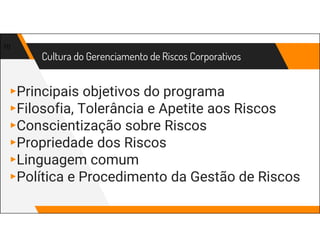 ▸Principais objetivos do programa
▸Filosofia, Tolerância e Apetite aos Riscos
▸Conscientização sobre Riscos
▸Propriedade dos Riscos
▸Linguagem comum
▸Política e Procedimento da Gestão de Riscos
Cultura do Gerenciamento de Riscos Corporativos
10
 