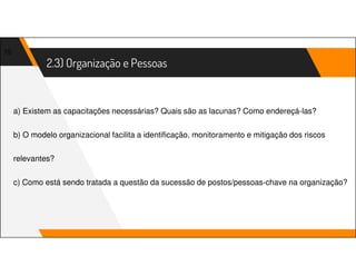 2.3) Organização e Pessoas
15
a) Existem as capacitações necessárias? Quais são as lacunas? Como endereçá-las?
b) O modelo organizacional facilita a identificação, monitoramento e mitigação dos riscos
relevantes?
c) Como está sendo tratada a questão da sucessão de postos/pessoas-chave na organização?
 