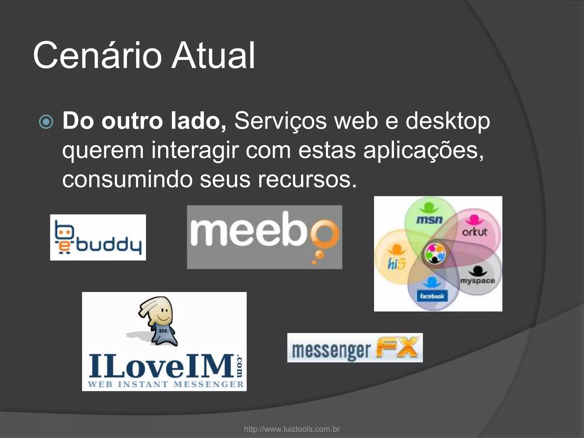 Cenário Atual
 Do outro lado, Serviços web e desktop
querem interagir com estas aplicações,
consumindo seus recursos.
http://www.luiztools.com.br
 