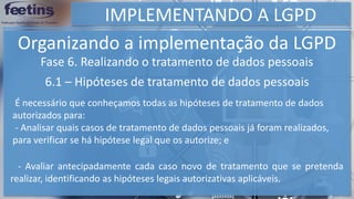 IMPLEMENTANDO A LGPD
Organizando a implementação da LGPD
Fase 6. Realizando o tratamento de dados pessoais
6.1 – Hipóteses de tratamento de dados pessoais
É necessário que conheçamos todas as hipóteses de tratamento de dados
autorizados para:
- Analisar quais casos de tratamento de dados pessoais já foram realizados,
para verificar se há hipótese legal que os autorize; e
- Avaliar antecipadamente cada caso novo de tratamento que se pretenda
realizar, identificando as hipóteses legais autorizativas aplicáveis.
 