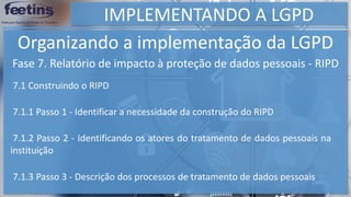 IMPLEMENTANDO A LGPD
Organizando a implementação da LGPD
Fase 7. Relatório de impacto à proteção de dados pessoais - RIPD
7.1 Construindo o RIPD
7.1.1 Passo 1 - Identificar a necessidade da construção do RIPD
7.1.2 Passo 2 - Identificando os atores do tratamento de dados pessoais na
instituição
7.1.3 Passo 3 - Descrição dos processos de tratamento de dados pessoais
 