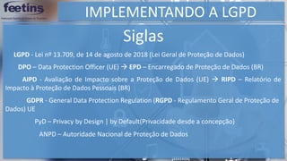 IMPLEMENTANDO A LGPD
Siglas
PyD – Privacy by Design | by Default(Privacidade desde a concepção)
LGPD - Lei nº 13.709, de 14 de agosto de 2018 (Lei Geral de Proteção de Dados)
DPO – Data Protection Officer (UE)  EPD – Encarregado de Proteção de Dados (BR)
AIPD - Avaliação de Impacto sobre a Proteção de Dados (UE)  RIPD – Relatório de
Impacto à Proteção de Dados Pessoais (BR)
GDPR - General Data Protection Regulation (RGPD - Regulamento Geral de Proteção de
Dados) UE
ANPD – Autoridade Nacional de Proteção de Dados
 