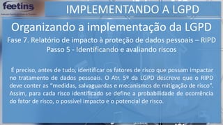 IMPLEMENTANDO A LGPD
Organizando a implementação da LGPD
Fase 7. Relatório de impacto à proteção de dados pessoais – RIPD
Passo 5 - Identificando e avaliando riscos
É preciso, antes de tudo, identificar os fatores de risco que possam impactar
no tratamento de dados pessoais. O Atr. 5º da LGPD descreve que o RIPD
deve conter as “medidas, salvaguardas e mecanismos de mitigação de risco”.
Assim, para cada risco identificado se define a probabilidade de ocorrência
do fator de risco, o possível impacto e o potencial de risco.
 
