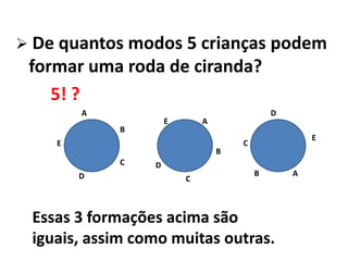 De quantos modos 5 crianças podem formar uma roda de ciranda?        5! ?ADAEBECEBCDBADCEssas 3 formações acima são iguais, assim como muitas outras.
