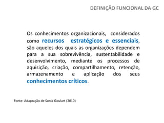 DEFINIÇÃO FUNCIONAL DA GC

Os conhecimentos organizacionais, considerados
como recursos estratégicos e essenciais,
são aqueles dos quais as organizações dependem
para a sua sobrevivência, sustentabilidade e
desenvolvimento, mediante os processos de
aquisição, criação, compartilhamento, retenção,
armazenamento
e
aplicação
dos
seus
conhecimentos críticos.

Fonte: Adaptação de Sonia Goulart (2010)

 