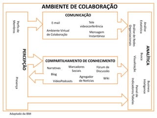 AMBIENTE DE COLABORAÇÃO
COMUNICAÇÃO

Business
Inteligence

Wiki

Painel de
Indicadores/Tabelas

Presença

VídeoPodcasts

Agregador
de Notícias

Fórum de
Discussão

ANALÍTICA

Marcadores
Sociais

Busca

Narrativas

Visualização

PERCEPÇÃO

COMPARTILHAMENTO DE CONHECIMENTO
Blog

Adaptado da IBM

Mensagem
Instantânea

Análise
Estatística

Ambiente Virtual
de Colaboração

Análise de Redes
Organizacionais

Perfis de
Membros

Tele
videoconferência

E-mail

 