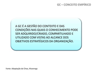 GC – CONCEITO EMPÍRICO

A GC É A GESTÃO DO CONTEXTO E DAS
CONDIÇÕES NAS QUAIS O CONHECIMENTO PODE
SER ADQUIRIDO/CRIADO, COMPARTILHADO E
UTILIZADO COM VISTAS AO ALCANCE DOS
OBJETIVOS ESTRATÉGICOS DA ORGANIZAÇÃO.

Fonte: Adaptação de Choo, Alvarenga

 