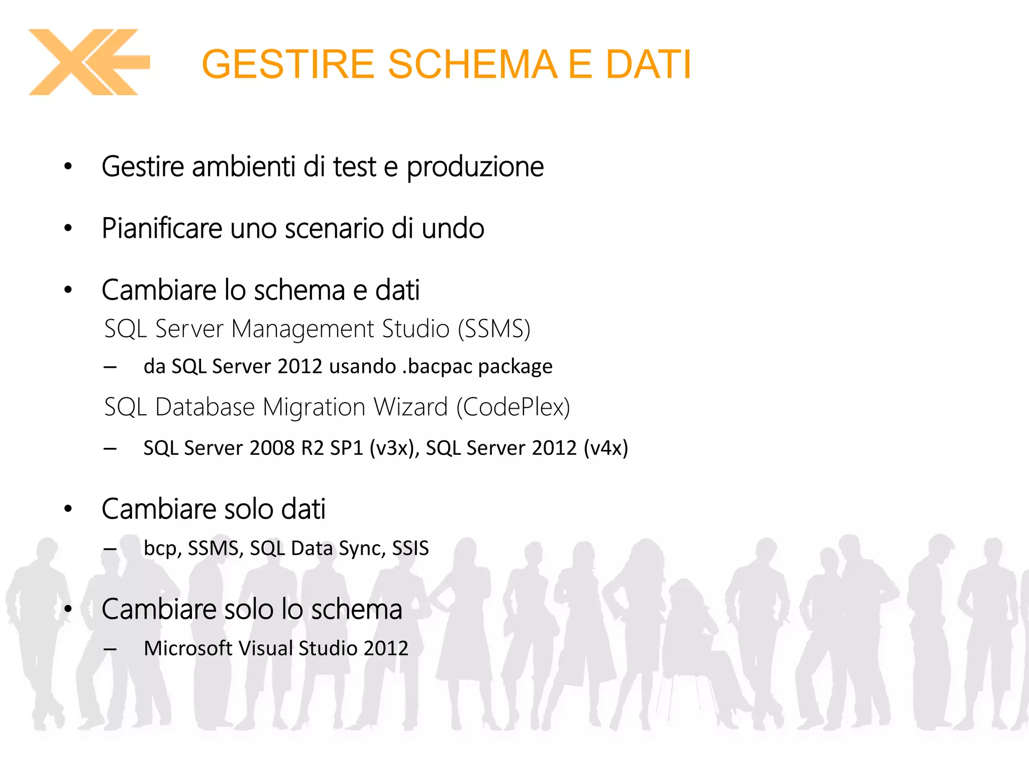 GESTIRE SCHEMA E DATI 
• Gestire ambienti di test e produzione 
• Pianificare uno scenario di undo 
• Cambiare lo schema e dati 
SQL Server Management Studio (SSMS) 
– da SQL Server 2012 usando .bacpac package 
SQL Database Migration Wizard (CodePlex) 
– SQL Server 2008 R2 SP1 (v3x), SQL Server 2012 (v4x) 
• Cambiare solo dati 
– bcp, SSMS, SQL Data Sync, SSIS 
• Cambiare solo lo schema 
– Microsoft Visual Studio 2012 
 