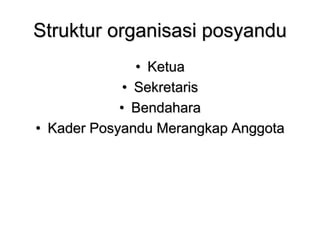 Struktur organisasi posyandu
• Ketua
• Sekretaris
• Bendahara
• Kader Posyandu Merangkap Anggota
 