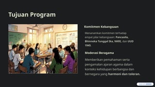 Tujuan Program
Komitmen Kebangsaan
Menanamkan komitmen terhadap
empat pilar kebangsaan: Pancasila,
Bhinneka Tunggal Ika, NKRI, dan UUD
1945.
Moderasi Beragama
Memberikan pemahaman serta
pengamalan ajaran agama dalam
konteks kehidupan berbangsa dan
bernegara yang harmoni dan toleran.
 