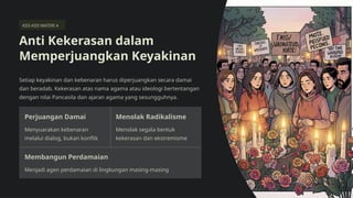 KISI-KISI MATERI 4
Anti Kekerasan dalam
Memperjuangkan Keyakinan
Setiap keyakinan dan kebenaran harus diperjuangkan secara damai
dan beradab. Kekerasan atas nama agama atau ideologi bertentangan
dengan nilai Pancasila dan ajaran agama yang sesungguhnya.
Perjuangan Damai
Menyuarakan kebenaran
melalui dialog, bukan konflik
Menolak Radikalisme
Menolak segala bentuk
kekerasan dan ekstremisme
Membangun Perdamaian
Menjadi agen perdamaian di lingkungan masing-masing
 