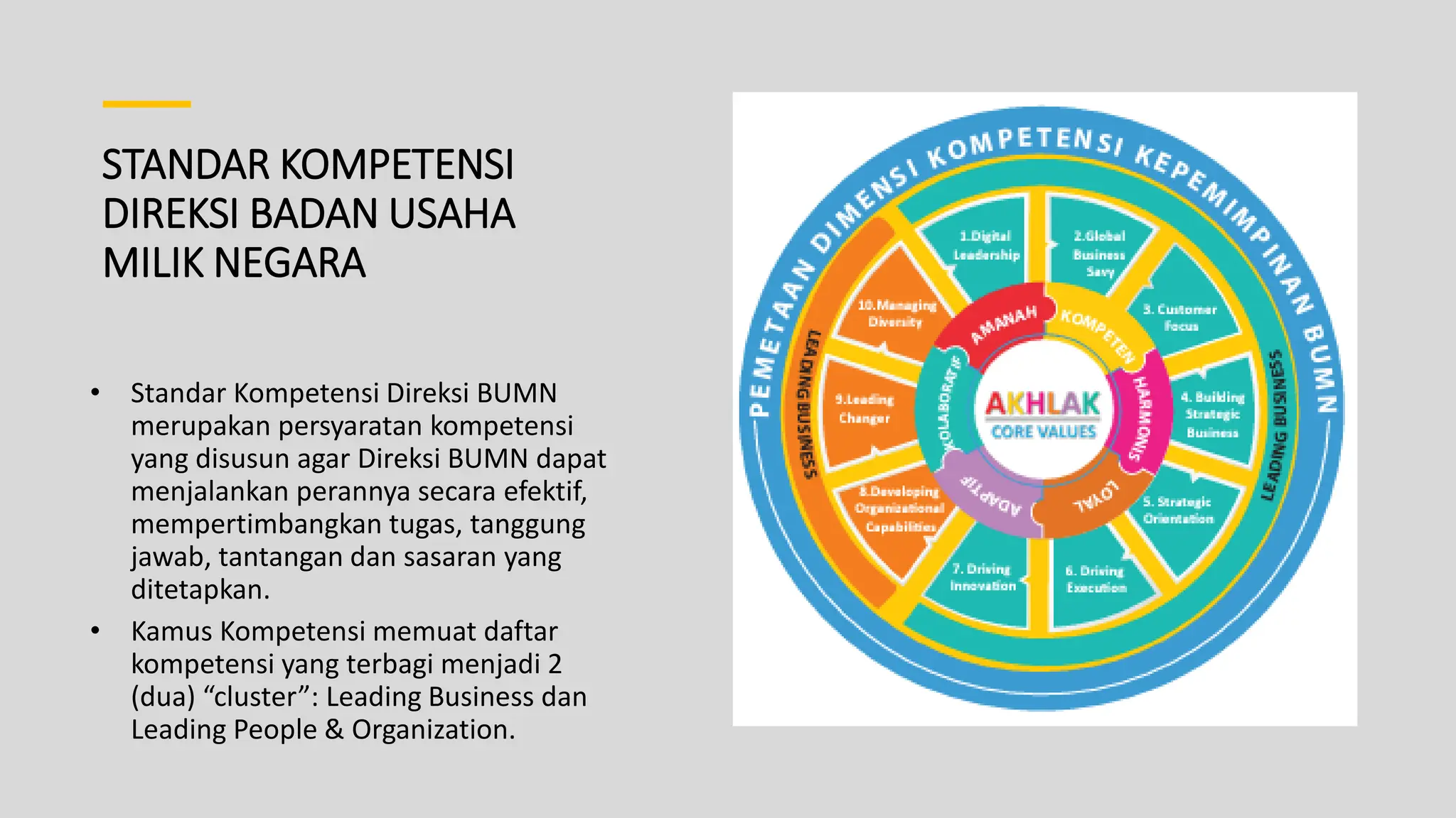 STANDAR KOMPETENSI
DIREKSI BADAN USAHA
MILIK NEGARA
• Standar Kompetensi Direksi BUMN
merupakan persyaratan kompetensi
yang disusun agar Direksi BUMN dapat
menjalankan perannya secara efektif,
mempertimbangkan tugas, tanggung
jawab, tantangan dan sasaran yang
ditetapkan.
• Kamus Kompetensi memuat daftar
kompetensi yang terbagi menjadi 2
(dua) “cluster”: Leading Business dan
Leading People & Organization.
 
