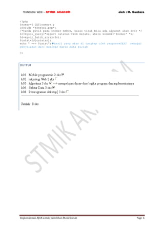 TEKNOLOGI WEB I – STMIK AKAKOM oleh : M. Guntara
Implementasi AJAX untuk pemilihan Mata Kuliah Page 6
<?php
$nomer=$_GET[nomere];
include "koneksi.php";
/*tanda petik pada $nomer HARUS, kalau tidak bila ada alpabet akan eror */
$c=mysql_query("select catatan from matakul where kodemk='$nomer' ");
$d=mysql_fetch_array($c);
$catat=$d[catatan];
echo " --> $catat";hasil yang akan di tangkap oleh responseTEXT sebagai
penjelasan dari masing2 baris mata kuliah
?>
OUTPUT
 