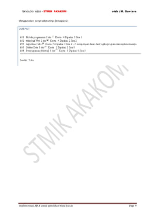 TEKNOLOGI WEB I – STMIK AKAKOM oleh : M. Guntara
Implementasi AJAX untuk pemilihan Mata Kuliah Page 9
Menggunakan scriptsebelumnya (di bagian 2)
OUTPUT
 