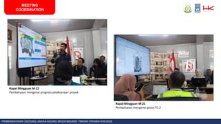 PEMBANGUNAN GEDUNG JAKSA AGUNG MUDA BIDANG TINDAK PIDANA KHUSUS
Rapat Mingguan M-22
Pembahasan mengenai progress pelaksanaan proyek
Rapat Mingguan M-21
Pembahasan mengenai posisi TC-2
MEETING
COORDINATION
 