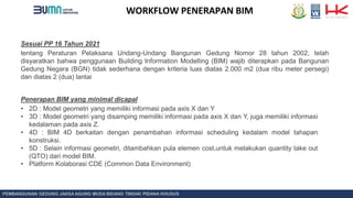 12
11
10
9
8
7
6
5
4
3
2
1
B
WORKFLOW PENERAPAN BIM
PEMBANGUNAN GEDUNG JAKSA AGUNG MUDA BIDANG TINDAK PIDANA KHUSUS
Sesuai PP 16 Tahun 2021
tentang Peraturan Pelaksana Undang-Undang Bangunan Gedung Nomor 28 tahun 2002, telah
disyaratkan bahwa penggunaan Building Information Modelling (BIM) wajib diterapkan pada Bangunan
Gedung Negara (BGN) tidak sederhana dengan kriteria luas diatas 2.000 m2 (dua ribu meter persegi)
dan diatas 2 (dua) lantai
Penerapan BIM yang minimal dicapaI
• 2D : Model geometri yang memiliki informasi pada axis X dan Y
• 3D : Model geometri yang disamping memiliki informasi pada axis X dan Y, juga memiliki informasi
kedalaman pada axis Z.
• 4D : BIM 4D berkaitan dengan penambahan informasi scheduling kedalam model tahapan
konstruksi.
• 5D : Selain informasi geometri, ditambahkan pula elemen cost,untuk melakukan quantity take out
(QTO) dari model BIM.
• Platform Kolaborasi CDE (Common Data Environment)
 