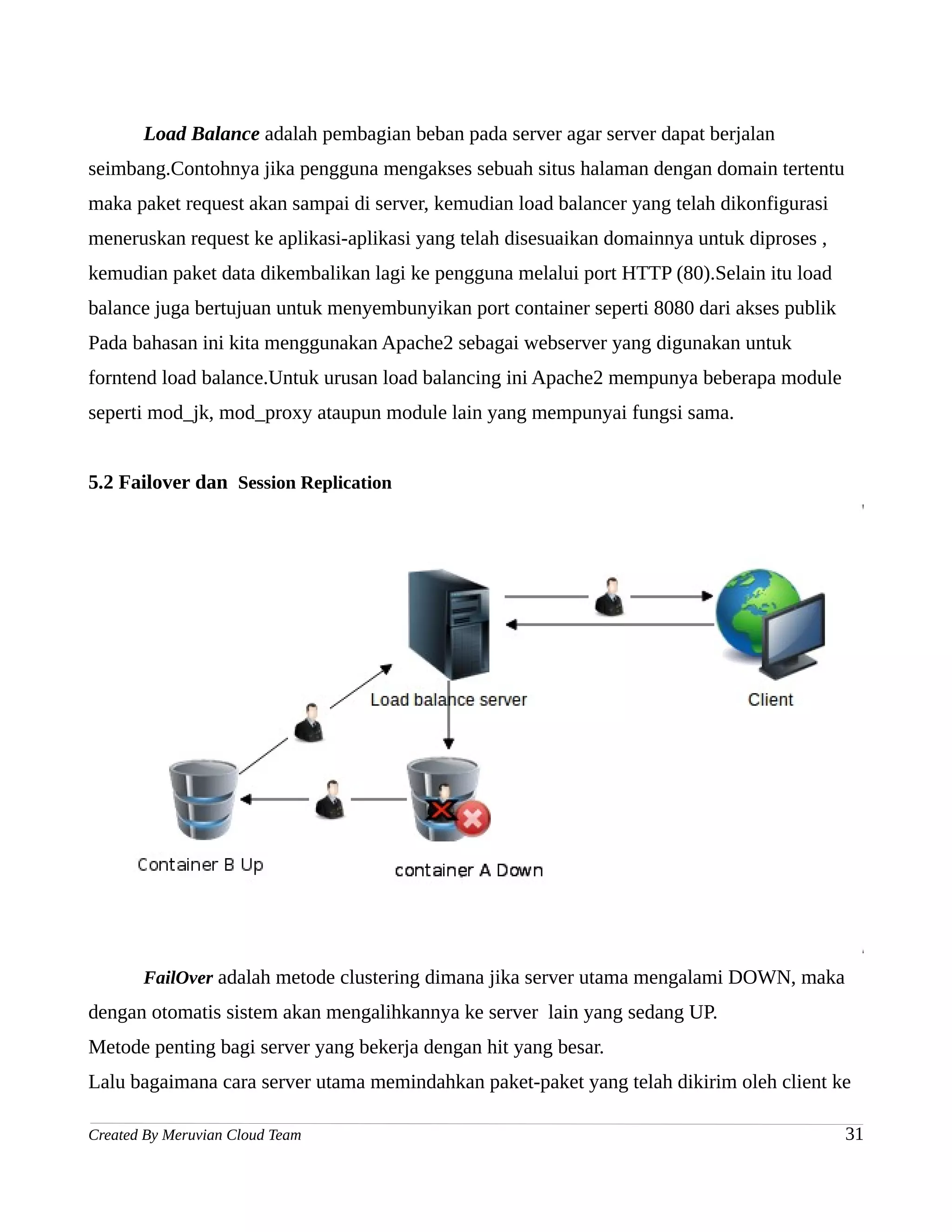 Load Balance adalah pembagian beban pada server agar server dapat berjalan
seimbang.Contohnya jika pengguna mengakses sebuah situs halaman dengan domain tertentu
maka paket request akan sampai di server, kemudian load balancer yang telah dikonfigurasi
meneruskan request ke aplikasi-aplikasi yang telah disesuaikan domainnya untuk diproses ,
kemudian paket data dikembalikan lagi ke pengguna melalui port HTTP (80).Selain itu load
balance juga bertujuan untuk menyembunyikan port container seperti 8080 dari akses publik
Pada bahasan ini kita menggunakan Apache2 sebagai webserver yang digunakan untuk
forntend load balance.Untuk urusan load balancing ini Apache2 mempunya beberapa module
seperti mod_jk, mod_proxy ataupun module lain yang mempunyai fungsi sama.


5.2 Failover dan Session Replication




       FailOver adalah metode clustering dimana jika server utama mengalami DOWN, maka
dengan otomatis sistem akan mengalihkannya ke server lain yang sedang UP.
Metode penting bagi server yang bekerja dengan hit yang besar.
Lalu bagaimana cara server utama memindahkan paket-paket yang telah dikirim oleh client ke

Created By Meruvian Cloud Team                                                              31
 