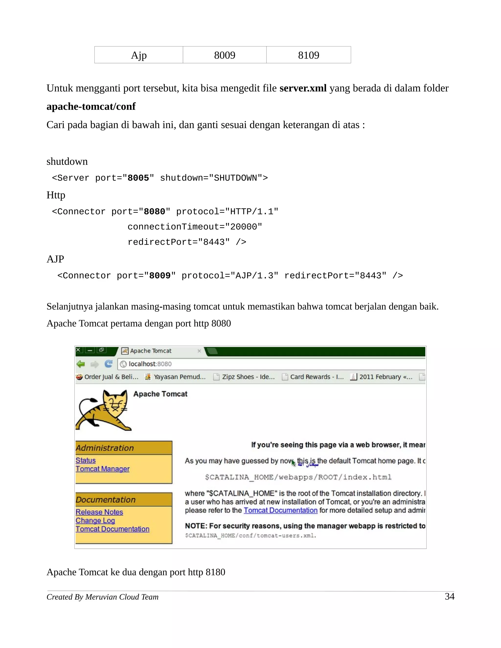Ajp              8009                8109


Untuk mengganti port tersebut, kita bisa mengedit file server.xml yang berada di dalam folder
apache-tomcat/conf
Cari pada bagian di bawah ini, dan ganti sesuai dengan keterangan di atas :


shutdown
 <Server port="8005" shutdown="SHUTDOWN">
Http
 <Connector port="8080" protocol="HTTP/1.1"
                     connectionTimeout="20000"
                     redirectPort="8443" />
AJP
  <Connector port="8009" protocol="AJP/1.3" redirectPort="8443" />


Selanjutnya jalankan masing-masing tomcat untuk memastikan bahwa tomcat berjalan dengan baik.
Apache Tomcat pertama dengan port http 8080




Apache Tomcat ke dua dengan port http 8180

Created By Meruvian Cloud Team                                                                  34
 