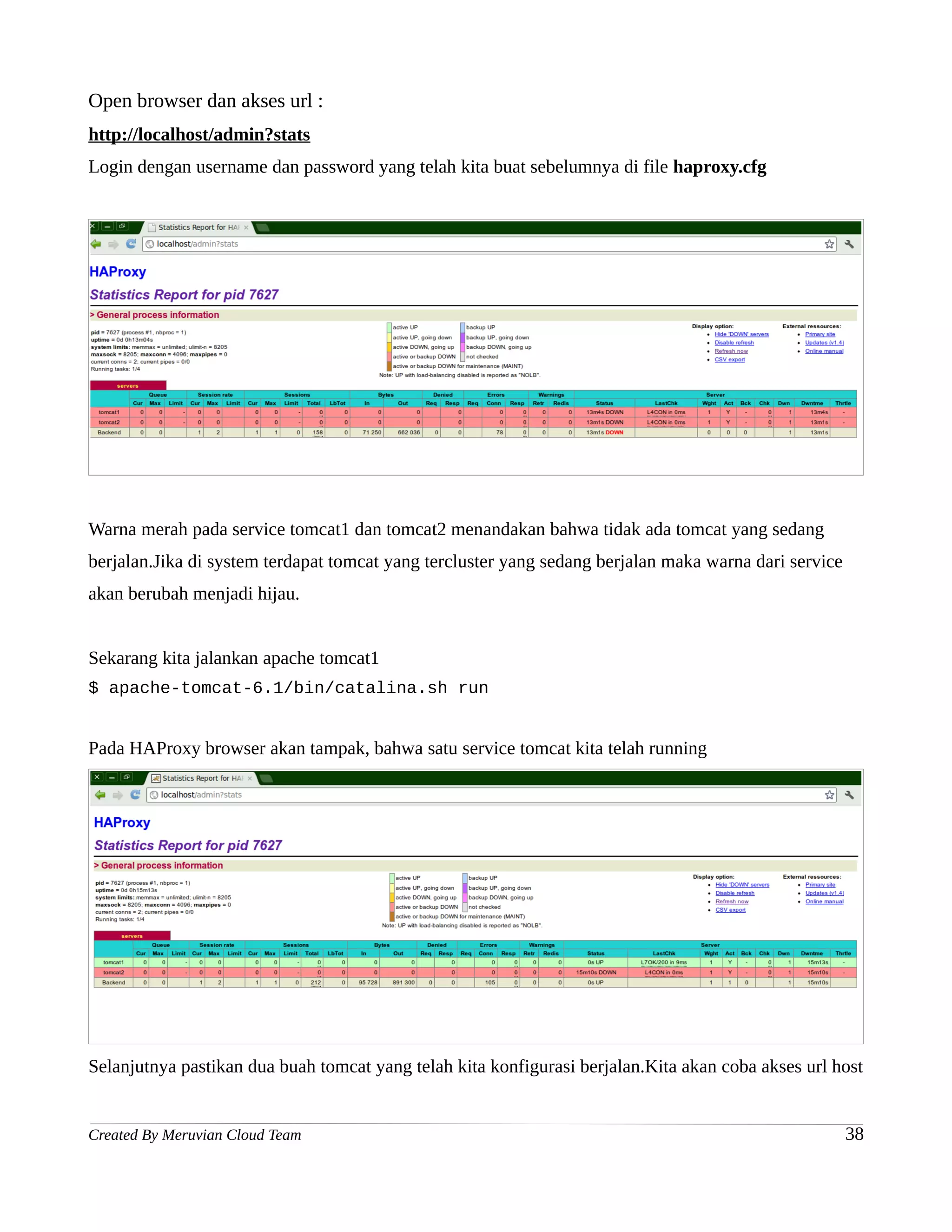 Open browser dan akses url :
http://localhost/admin?stats
Login dengan username dan password yang telah kita buat sebelumnya di file haproxy.cfg




Warna merah pada service tomcat1 dan tomcat2 menandakan bahwa tidak ada tomcat yang sedang
berjalan.Jika di system terdapat tomcat yang tercluster yang sedang berjalan maka warna dari service
akan berubah menjadi hijau.


Sekarang kita jalankan apache tomcat1
$ apache-tomcat-6.1/bin/catalina.sh run


Pada HAProxy browser akan tampak, bahwa satu service tomcat kita telah running




Selanjutnya pastikan dua buah tomcat yang telah kita konfigurasi berjalan.Kita akan coba akses url host


Created By Meruvian Cloud Team                                                                         38
 