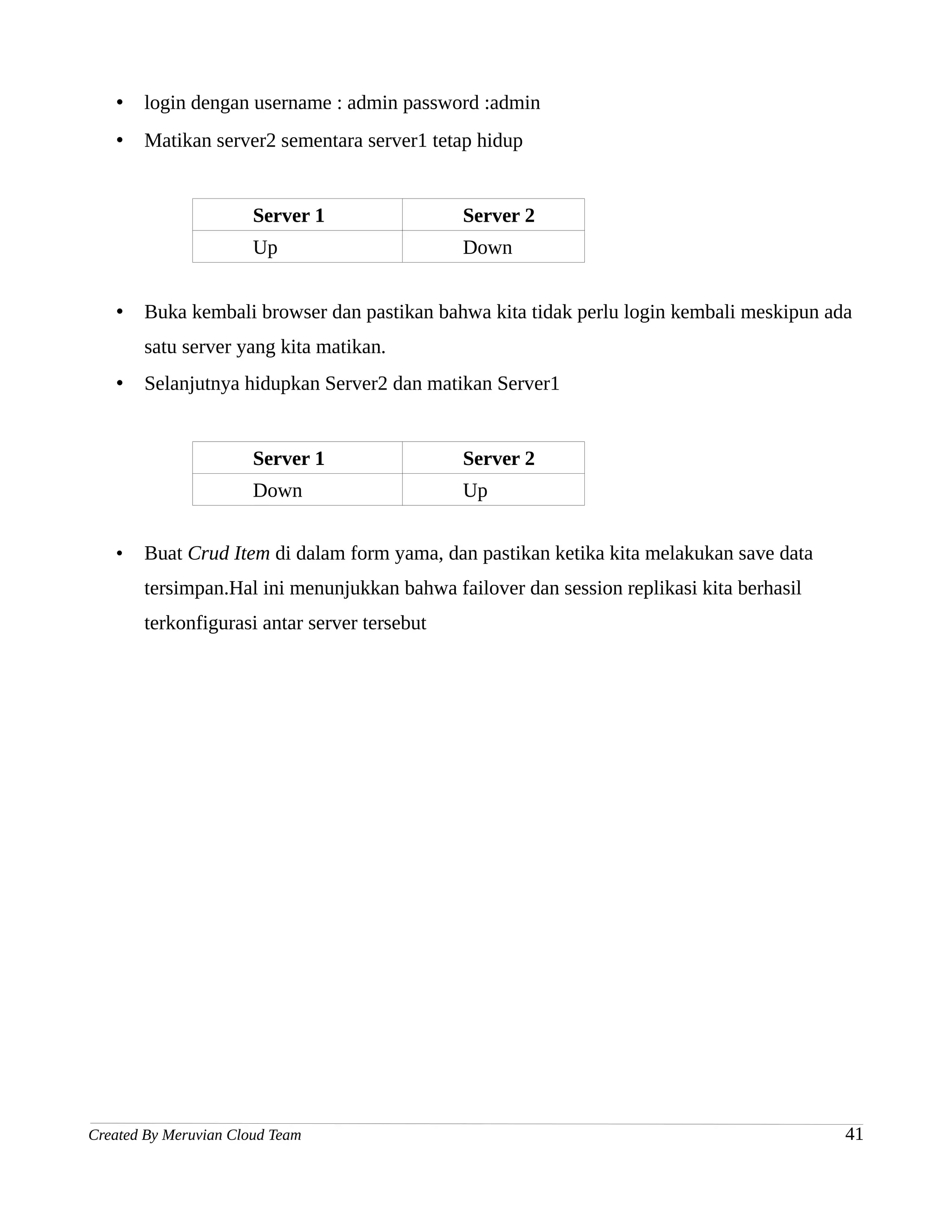 •   login dengan username : admin password :admin
   •   Matikan server2 sementara server1 tetap hidup


                       Server 1               Server 2
                       Up                     Down


   •   Buka kembali browser dan pastikan bahwa kita tidak perlu login kembali meskipun ada
       satu server yang kita matikan.
   •   Selanjutnya hidupkan Server2 dan matikan Server1


                       Server 1               Server 2
                       Down                   Up


   •   Buat Crud Item di dalam form yama, dan pastikan ketika kita melakukan save data
       tersimpan.Hal ini menunjukkan bahwa failover dan session replikasi kita berhasil
       terkonfigurasi antar server tersebut




Created By Meruvian Cloud Team                                                            41
 