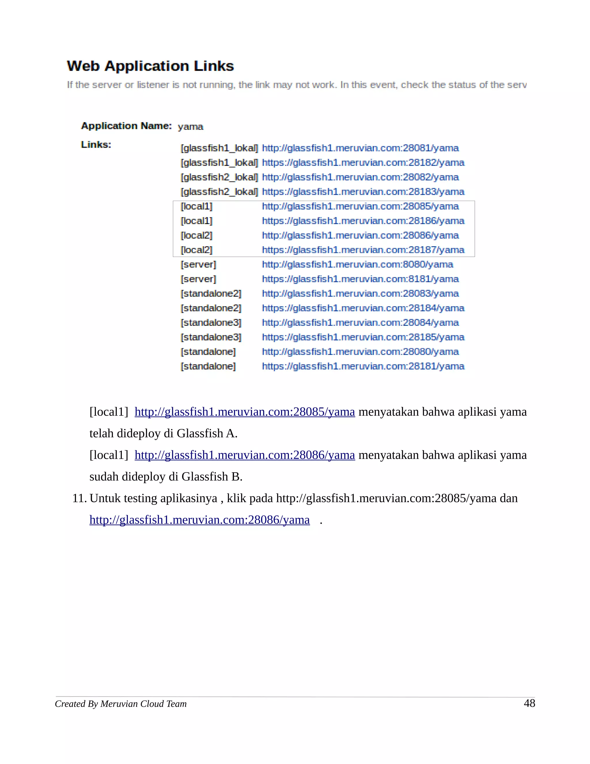 [local1] http://glassfish1.meruvian.com:28085/yama menyatakan bahwa aplikasi yama
       telah dideploy di Glassfish A.
       [local1] http://glassfish1.meruvian.com:28086/yama menyatakan bahwa aplikasi yama
       sudah dideploy di Glassfish B.
   11. Untuk testing aplikasinya , klik pada http://glassfish1.meruvian.com:28085/yama dan
       http://glassfish1.meruvian.com:28086/yama .




Created By Meruvian Cloud Team                                                               48
 