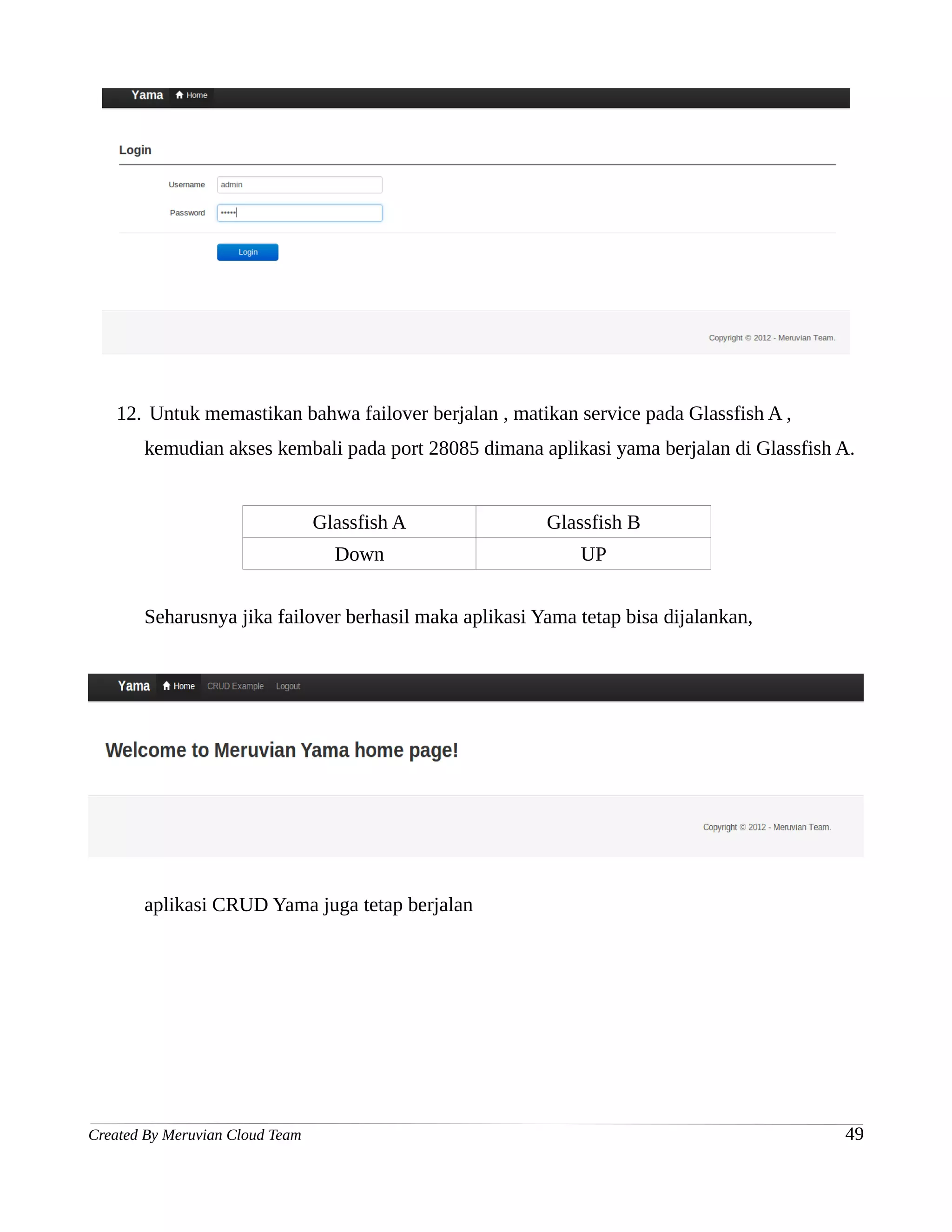 12. Untuk memastikan bahwa failover berjalan , matikan service pada Glassfish A ,
       kemudian akses kembali pada port 28085 dimana aplikasi yama berjalan di Glassfish A.


                                 Glassfish A            Glassfish B
                                   Down                     UP


       Seharusnya jika failover berhasil maka aplikasi Yama tetap bisa dijalankan,




       aplikasi CRUD Yama juga tetap berjalan




Created By Meruvian Cloud Team                                                           49
 