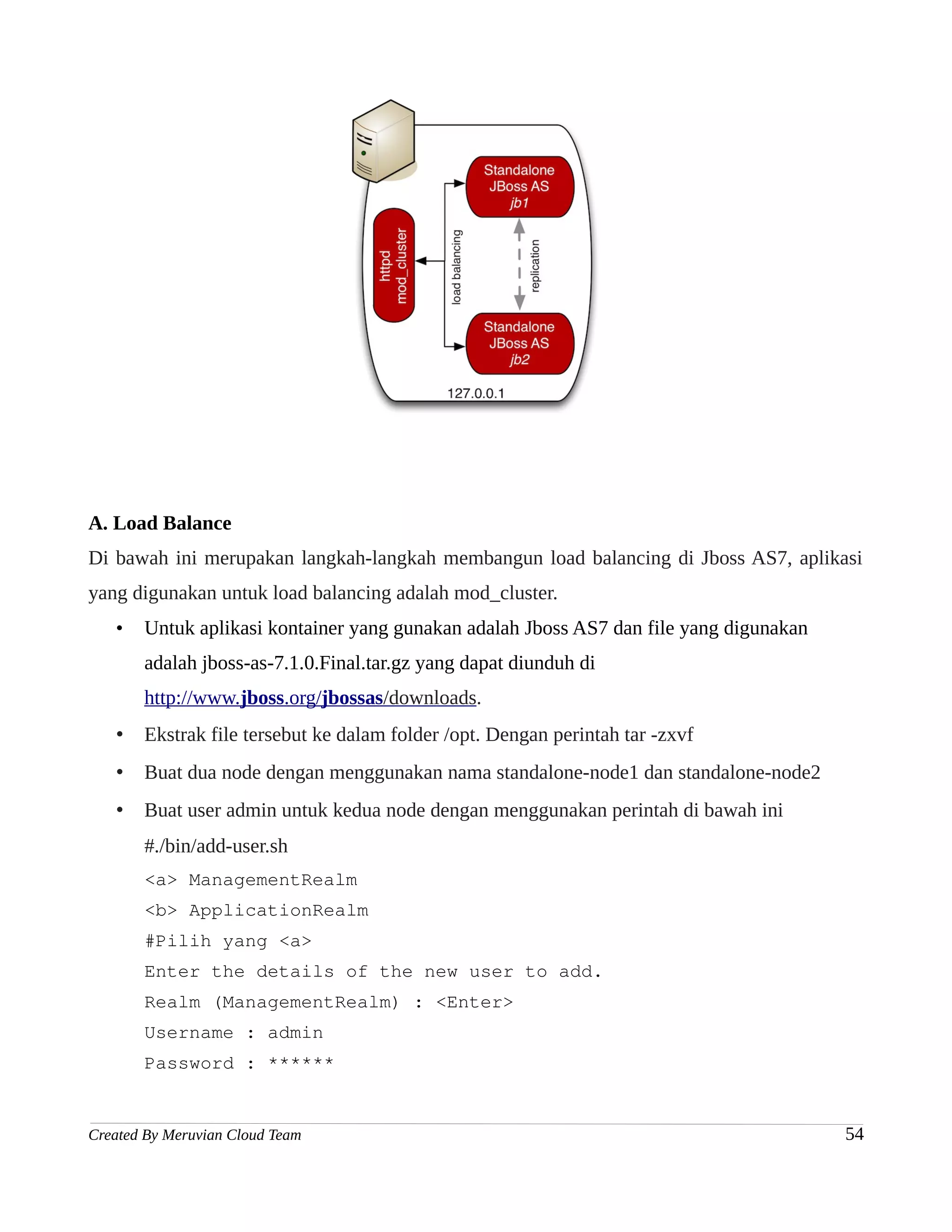 A. Load Balance
Di bawah ini merupakan langkah-langkah membangun load balancing di Jboss AS7, aplikasi
yang digunakan untuk load balancing adalah mod_cluster.
   •   Untuk aplikasi kontainer yang gunakan adalah Jboss AS7 dan file yang digunakan
       adalah jboss-as-7.1.0.Final.tar.gz yang dapat diunduh di
       http://www.jboss.org/jbossas/downloads.
   •   Ekstrak file tersebut ke dalam folder /opt. Dengan perintah tar -zxvf
   •   Buat dua node dengan menggunakan nama standalone-node1 dan standalone-node2
   •   Buat user admin untuk kedua node dengan menggunakan perintah di bawah ini
       #./bin/add-user.sh
       <a> ManagementRealm
       <b> ApplicationRealm
       #Pilih yang <a>
       Enter the details of the new user to add.
       Realm (ManagementRealm) : <Enter>
       Username : admin
       Password : ******


Created By Meruvian Cloud Team                                                          54
 