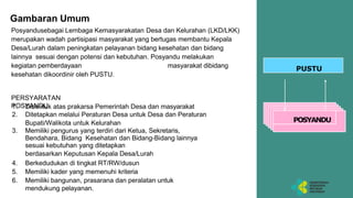 Gambaran Umum
Posyandusebagai Lembaga Kemasyarakatan Desa dan Kelurahan (LKD/LKK)
merupakan wadah partisipasi masyarakat yang bertugas membantu Kepala
Desa/Lurah dalam peningkatan pelayanan bidang kesehatan dan bidang
lainnya sesuai dengan potensi dan kebutuhan. Posyandu melakukan
kegiatan pemberdayaan masyarakat dibidang
kesehatan dikoordinir oleh PUSTU.
PUSTU
Posyandu
Posyandu
Posyandu
Posyandu
POSYANDU
1. Dibentuk atas prakarsa Pemerintah Desa dan masyarakat
2. Ditetapkan melalui Peraturan Desa untuk Desa dan Peraturan
Bupati/Walikota untuk Kelurahan
3. Memiliki pengurus yang terdiri dari Ketua, Sekretaris,
Bendahara, Bidang Kesehatan dan Bidang-Bidang lainnya
sesuai kebutuhan yang ditetapkan
berdasarkan Keputusan Kepala Desa/Lurah
4. Berkedudukan di tingkat RT/RW/dusun
5. Memiliki kader yang memenuhi kriteria
6. Memiliki bangunan, prasarana dan peralatan untuk
mendukung pelayanan.
PERSYARATAN
POSYANDU
 