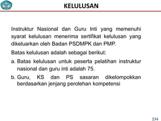 Instruktur Nasional dan Guru Inti yang memenuhi
syarat kelulusan menerima sertifikat kelulusan yang
dikeluarkan oleh Badan PSDMPK dan PMP.
Batas kelulusan adalah sebagai berikut:
a. Batas kelulusan untuk peserta pelatihan instruktur
nasional dan guru inti adalah 75.
b. Guru, KS dan PS sasaran dikelompokkan
berdasarkan jenjang perolehan kompetensi
KELULUSAN
234
 