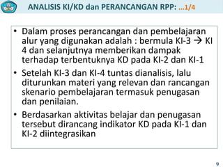 ANALISIS KI/KD dan PERANCANGAN RPP: ...1/4
9
• Dalam proses perancangan dan pembelajaran
alur yang digunakan adalah : bermula KI-3  KI
4 dan selanjutnya memberikan dampak
terhadap terbentuknya KD pada KI-2 dan KI-1
• Setelah KI-3 dan KI-4 tuntas dianalisis, lalu
diturunkan materi yang relevan dan rancangan
skenario pembelajaran termasuk penugasan
dan penilaian.
• Berdasarkan aktivitas belajar dan penugasan
tersebut dirancang indikator KD pada KI-1 dan
KI-2 diintegrasikan
 