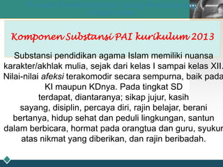 LOGO
27
Proses Pembelajaran yang Mendukung
Kreativitas
Komponen Substansi PAI kurikulum 2013
Substansi pendidikan agama Islam memiliki nuansa
karakter/akhlak mulia, sejak dari kelas I sampai kelas XII.
Nilai-nilai afeksi terakomodir secara sempurna, baik pada
KI maupun KDnya. Pada tingkat SD
terdapat, diantaranya; sikap jujur, kasih
sayang, disiplin, percaya diri, rajin belajar, berani
bertanya, hidup sehat dan peduli lingkungan, santun
dalam berbicara, hormat pada orangtua dan guru, syukur
atas nikmat yang diberikan, dan rajin beribadah.
 