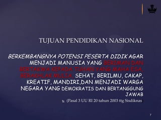 7
TUJUAN PENDIDIKAN NASIONAL
BERKEMBANGNYA POTENSI PESERTA DIDIK AGAR
MENJADI MANUSIA YANG BERIMAN DAN
BERTAKWA KEPADA TUHAN YANG MAHA ESA,
BERAKHLAK MULIA, SEHAT, BERILMU, CAKAP,
KREATIF, MANDIRI,DAN MENJADI WARGA
NEGARA YANG DEMOKRATIS DAN BERTANGGUNG
JAWAB
 (Pasal 3 UU RI 20 tahun 2003 ttg Sisdiknas)
 