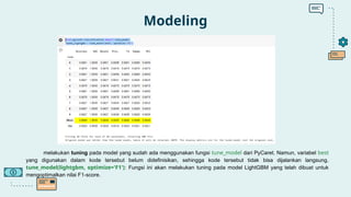 Modeling
melakukan tuning pada model yang sudah ada menggunakan fungsi tune_model dari PyCaret. Namun, variabel best
yang digunakan dalam kode tersebut belum didefinisikan, sehingga kode tersebut tidak bisa dijalankan langsung.
tune_model(lightgbm, optimize='F1'): Fungsi ini akan melakukan tuning pada model LightGBM yang telah dibuat untuk
mengoptimalkan nilai F1-score.
 
