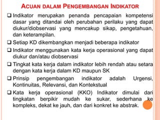 ACUAN DALAM PENGEMBANGAN INDIKATOR
 Indikator merupakan penanda pencapaian kompetensi
dasar yang ditandai oleh perubahan perilaku yang dapat
diukur/diobservasi yang mencakup sikap, pengetahuan,
dan keterampilan.
 Setiap KD dikembangkan menjadi beberapa indikator
 Indikator menggunakan kata kerja operasional yang dapat
diukur dan/atau diobservasi
 Tingkat kata kerja dalam indikator lebih rendah atau setara
dengan kata kerja dalam KD maupun SK
 Prinsip pengembangan indikator adalah Urgensi,
Kontinuitas, Relevansi, dan Kontekstual
 Kata kerja operasional (KKO) Indikator dimulai dari
tingkatan berpikir mudah ke sukar, sederhana ke
kompleks, dekat ke jauh, dan dari konkret ke abstrak.
 