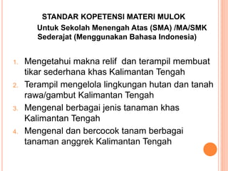 STANDAR KOPETENSI MATERI MULOK
Untuk Sekolah Menengah Atas (SMA) /MA/SMK
Sederajat (Menggunakan Bahasa Indonesia)
1. Mengetahui makna relif dan terampil membuat
tikar sederhana khas Kalimantan Tengah
2. Terampil mengelola lingkungan hutan dan tanah
rawa/gambut Kalimantan Tengah
3. Mengenal berbagai jenis tanaman khas
Kalimantan Tengah
4. Mengenal dan bercocok tanam berbagai
tanaman anggrek Kalimantan Tengah
 